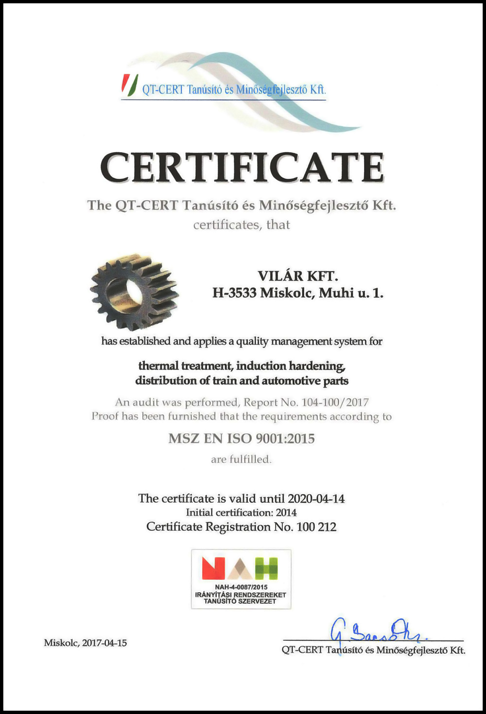 Vilar Certificate